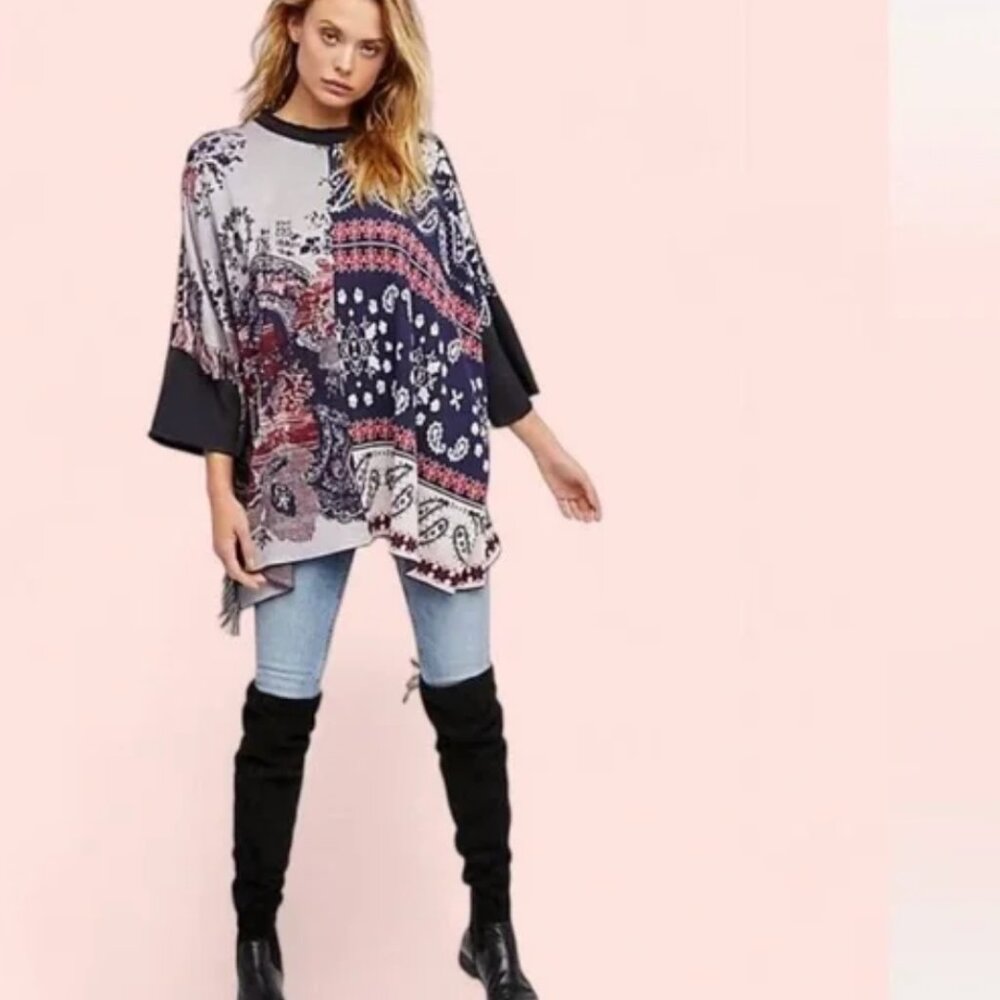 Free People Navy and Burgundy Patterned Paisley Tunic Sweater Top Size XS/S